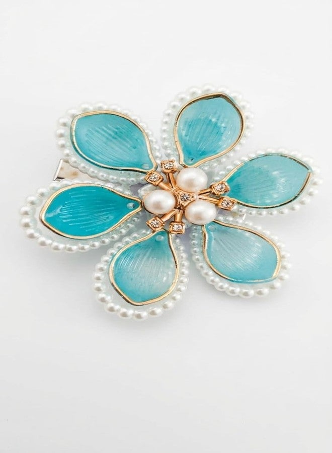 DHANABAPA 1 Pc Peach Pink + 1 Pc Blue Floral Pearl Hair Brooch Clip for Women, Elegant Flower Juda Hair Accessories for Bridal Wedding Party, Korean Style Bun Hair Pin for Girls, Decorative Hair Clip. - Image 4