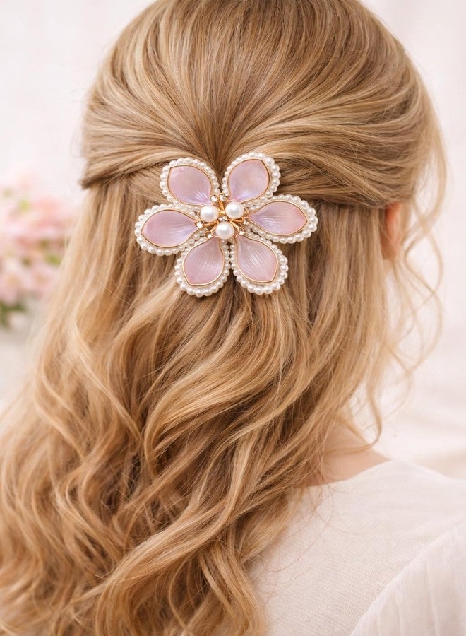 DHANABAPA 1 Pc Peach Pink + 1 Pc Blue Floral Pearl Hair Brooch Clip for Women, Elegant Flower Juda Hair Accessories for Bridal Wedding Party, Korean Style Bun Hair Pin for Girls, Decorative Hair Clip. - Image 5