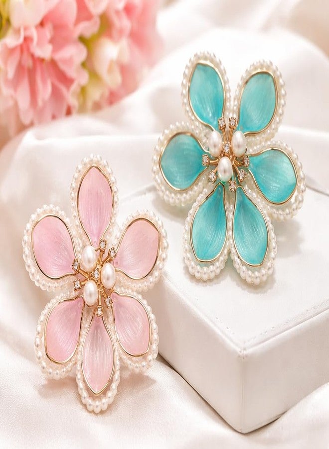 DHANABAPA 1 Pc Peach Pink + 1 Pc Blue Floral Pearl Hair Brooch Clip for Women, Elegant Flower Juda Hair Accessories for Bridal Wedding Party, Korean Style Bun Hair Pin for Girls, Decorative Hair Clip. - Image 1