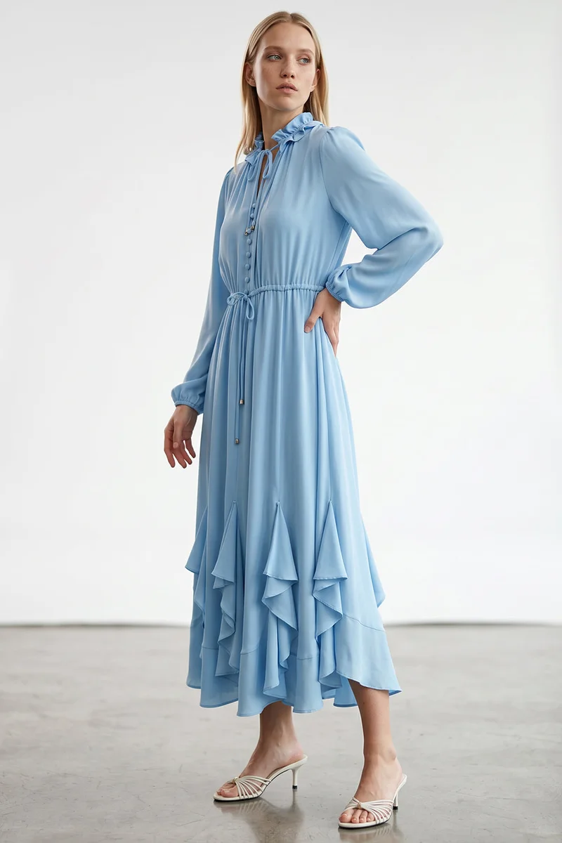Exquise Long-sleeved, drawstring waist, segmented skirt regular midi dress.