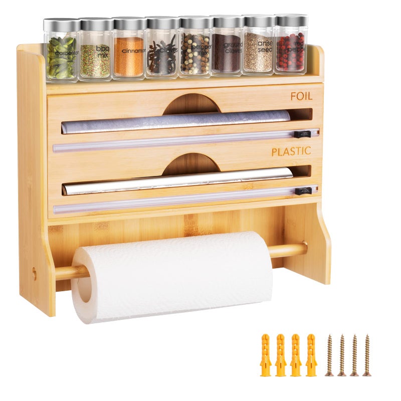 Genaric INFOSUN Foil and Plastic Wrap Dispenser with Paper Towel Holder, 3 in 1 Plastic Wrap Organizer, Wall Mount Wrap Organizer for Tin Foil, Wax, Kitchen Paper Towel and Parchment Paper, Up to 12" Roll