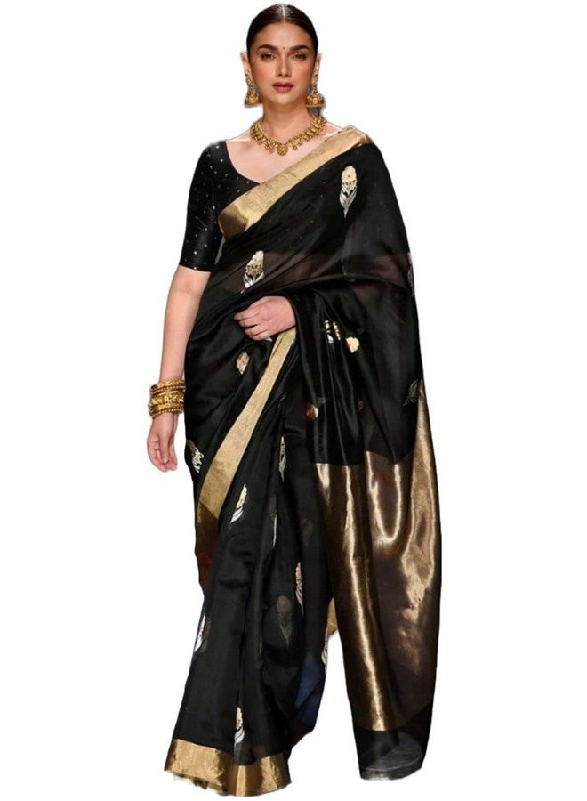 RADHA LAKSHMI ساري رادها لاكشمي النسائي من حرير بناراسي الناعم مع قطعة بلوزة (وردة سوداء) - Image 1