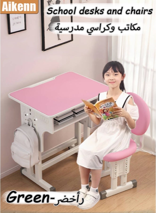 Aikenn Home Adjustable Height Kids Study Desk and Chair Set School Desks and Chairs with Rack Backpack Hook Multifunctional School Student Writing Desk Study Table The Chair Has High-elastic Memory Foam Comfortable and Durable Wooden Tabletop without Reflection Protect Your Child's Eyes Suitable for Children and Teenagers aged 3-18 (Pink） - Image 1