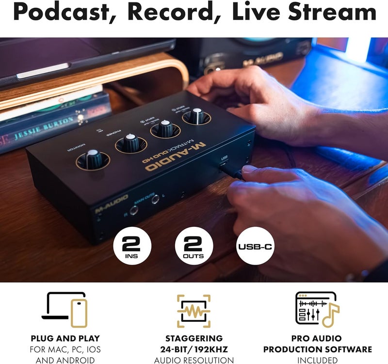 M-Audio Standard fit M-Track Duo HD Audio Interface 24bit 192kHz for Recording, Streaming, Podcasting with USB-C, 2 XLR TRS Inputs, 2 TRS Outputs, Software Suite Longevity upgraded craftsmanship - Image 2