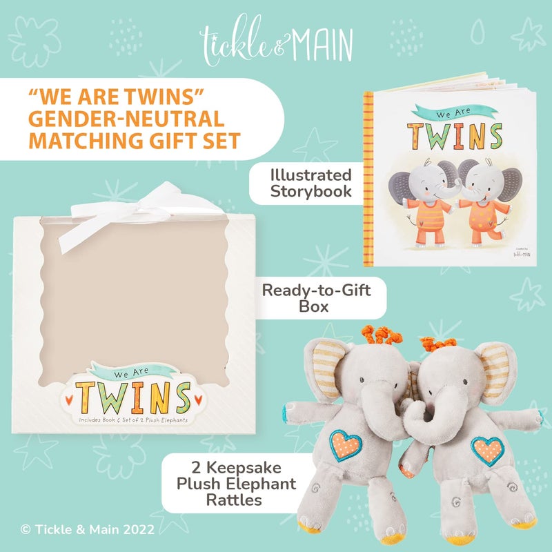 Tickle & Main طقم هدايا تيكل آند مين للأطفال التوائم حديثي الولادة والرضع - 3 قطع، متعدد الألوان - كتاب أطفال قافز للتوائم و2 جرس فيل محشو - هدية للأولاد والبنات - Image 2