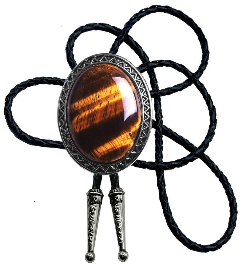 Moranse Bolo Tie with Natural Tiger Eye Stone Celtic Style Genuine and Cowhide Rope(Tiger Eyes 1 Style) - Image 1