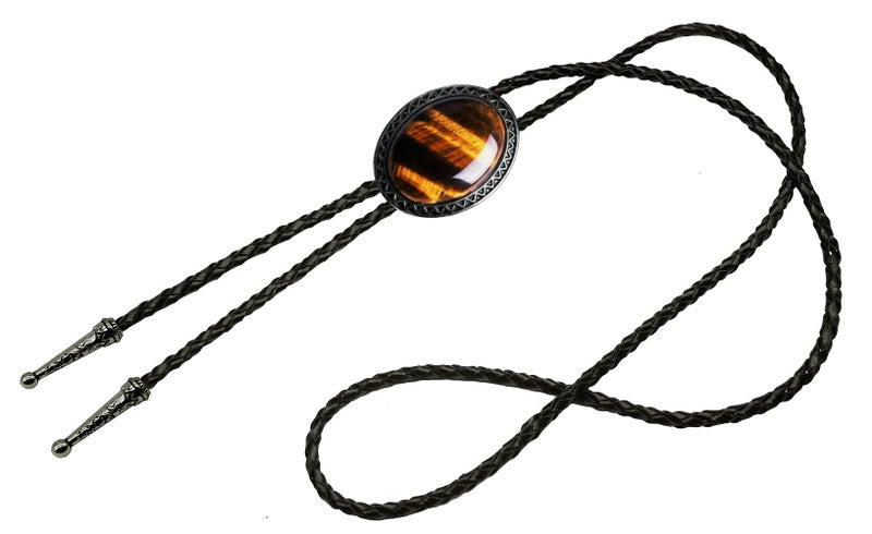 Moranse Bolo Tie with Natural Tiger Eye Stone Celtic Style Genuine and Cowhide Rope(Tiger Eyes 1 Style) - Image 2