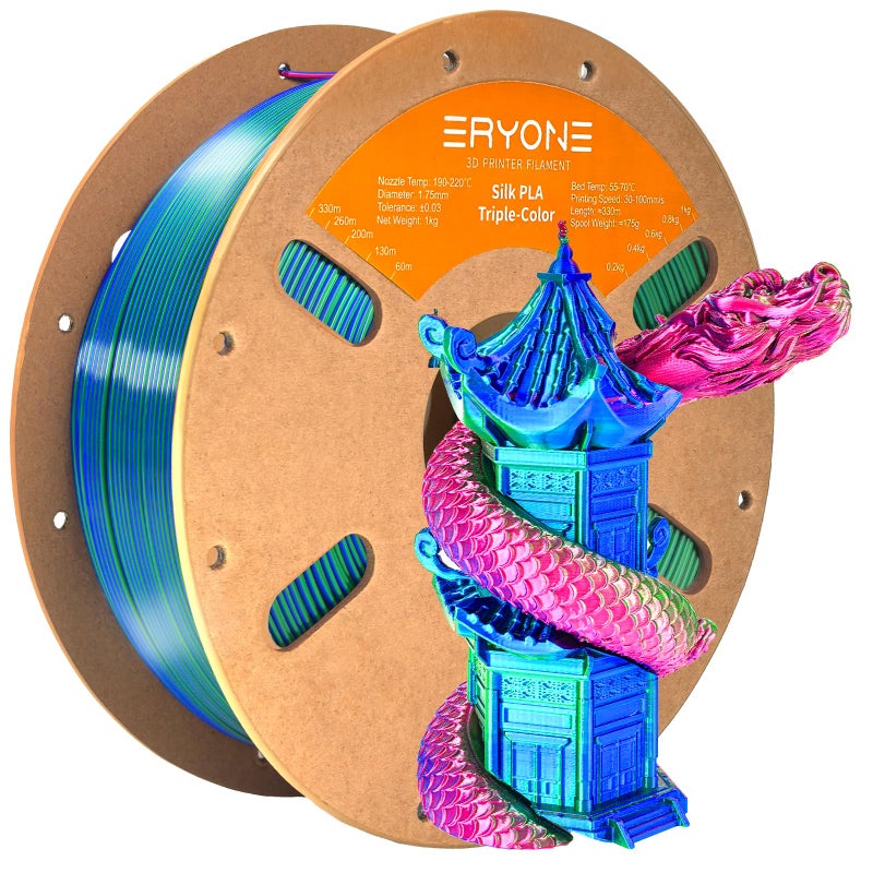 ERYONE Silk Tri Color PLA Filament 3D Printer 1.75mm +/- 0.03mm, Multicolor Filament Tricolor PLA 1KG(2.2lbs) Cardboard Spool, Red Blue Green - Image 1