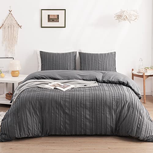 WARMDERN طقم غطاء لحاف بوهو رمادي WARMDERN بحجم كوين، غطاء لحاف مخطط ذو نسيج، طقم سرير مزخرف، 3 قطع من الألياف الدقيقة فائقة النعومة مع إغلاق بسحاب (كوين، رمادي) - Image 1