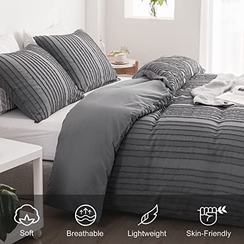 WARMDERN طقم غطاء لحاف بوهو رمادي WARMDERN بحجم كوين، غطاء لحاف مخطط ذو نسيج، طقم سرير مزخرف، 3 قطع من الألياف الدقيقة فائقة النعومة مع إغلاق بسحاب (كوين، رمادي) - Image 3