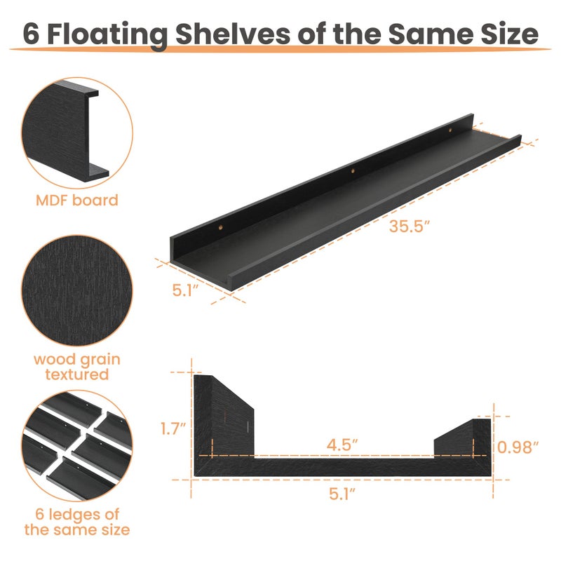 upsimples Floating Shelves for Wall, 35.5 Inch Shelves for Decor Storage Set of 6, Wall Mounted Wood Shelf for Bedroom, Living Room, Bathroom, Kitchen, Long Picture Ledge Shelves, Black - Image 2