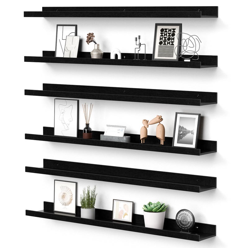upsimples Floating Shelves for Wall, 35.5 Inch Shelves for Decor Storage Set of 6, Wall Mounted Wood Shelf for Bedroom, Living Room, Bathroom, Kitchen, Long Picture Ledge Shelves, Black - Image 1