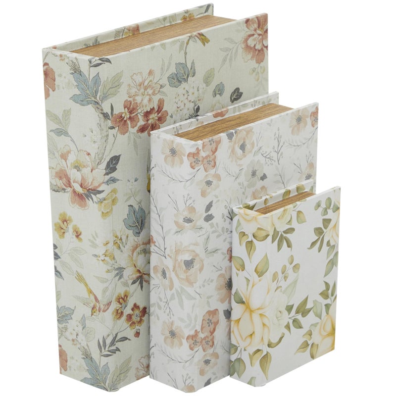 Deco 79 Canvas Decorative Box Faux Storage Book Book Shaped Boxes with Pink and Blue Floral Patterns Set of 3 Decorative Keepsake Boxes 12 9 6H White