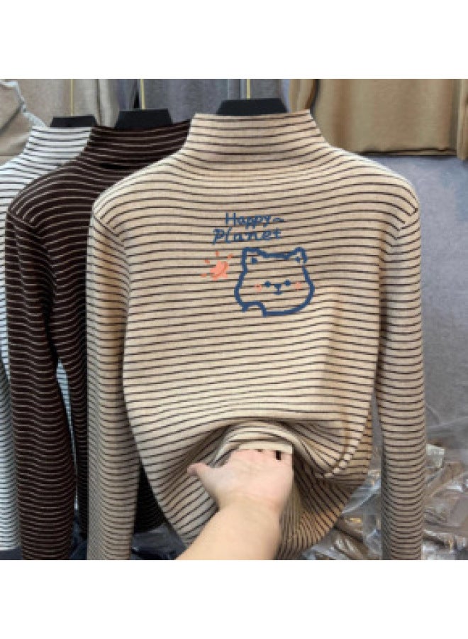 Boys And Girls German Velvet Inner Layering Shirt Autumn And Winter Medium And Large Kidsren's Half Turtleneck Long-sleeved T-shirt Stripesd Cartoon Top