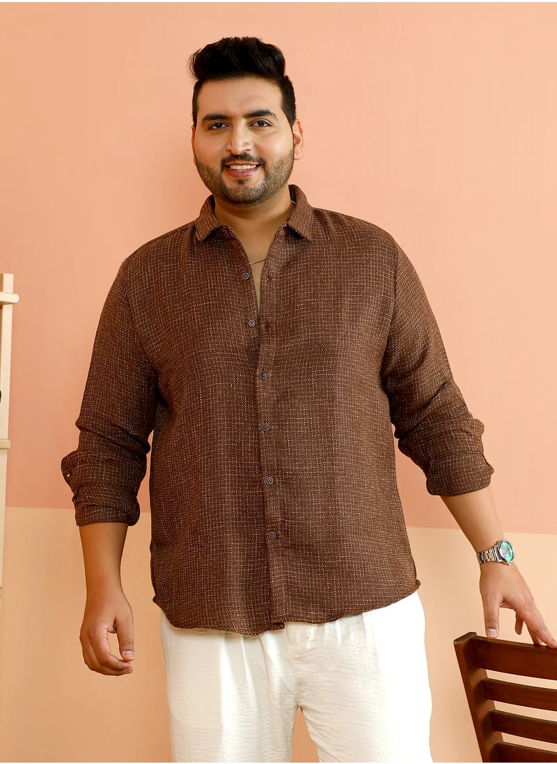 انستافاب بلس Instafab Plus Men's Chocolate Brown Contrast-Woven Grid Shirt For Casual Wear | Spread Collar | Long Cuffed Sleeves | Button Closure | Plus Size Shirt Crafted With Comfort Fit For Everyday Wear