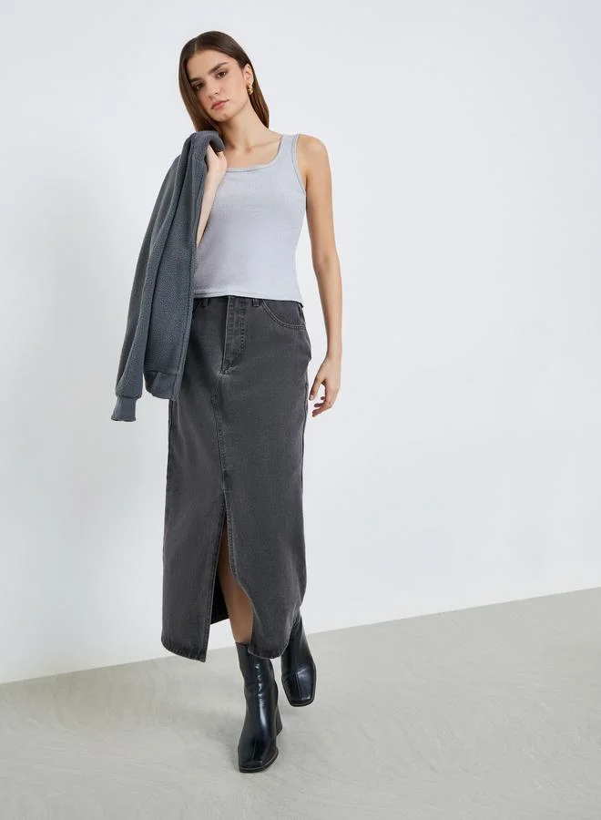 Styli Women Grey Ribbed Square Neck Cami Top