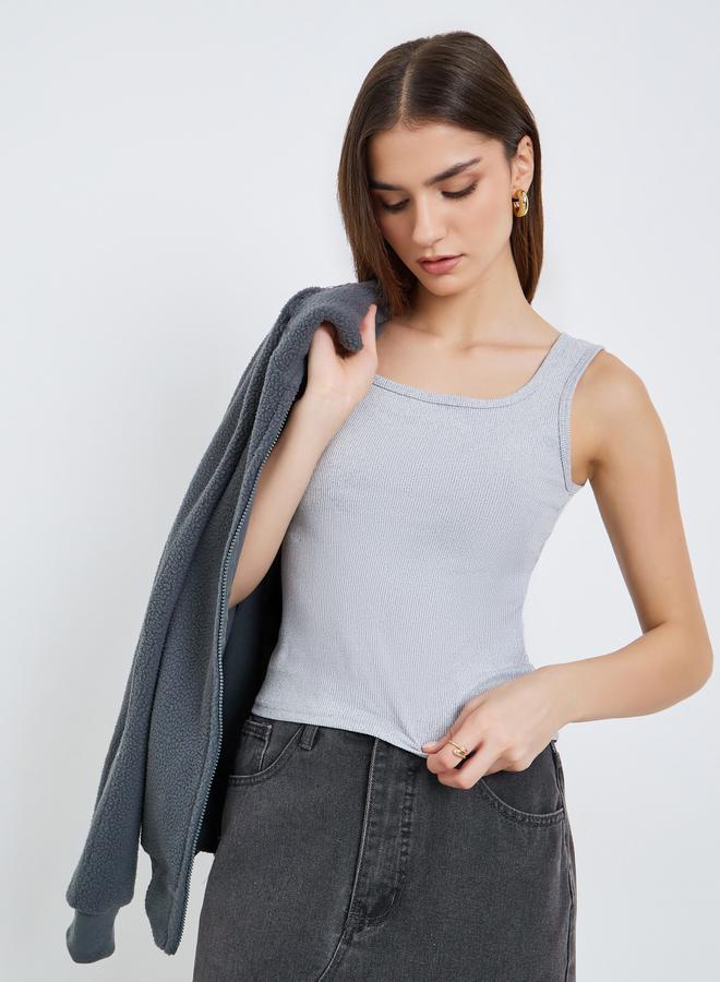 Styli Women Grey Ribbed Square Neck Cami Top - Image 1