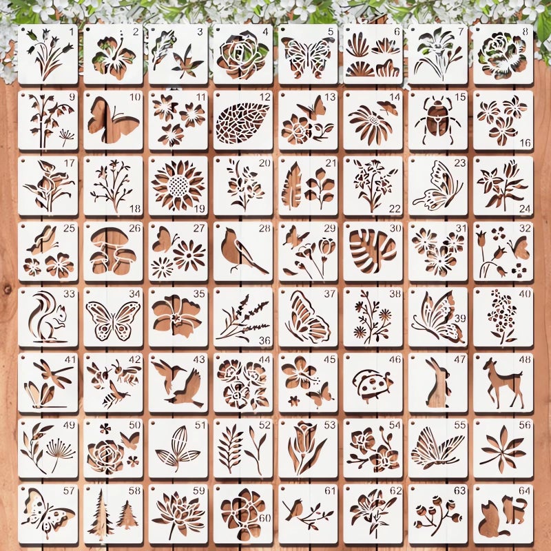 Felixcraft Stencils for Painting, 64pcs 3 Inch Stencils for Crafts Reusable Rock Painting Stencils Plastic Reusable Stencils for Painting on Wood Wall Tile Home Decor - Image 1