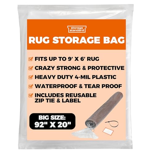 Storage Standard Heavy Duty Rug Storage Bag - Reusable Rug Shipping Bag, Waterproof Plastic Rug Cover - Fits Rolled Carpet Up to 6 x 9 Feet, 4 Mil Thick Tear Proof Plastic Storage Bag - 1 Clear Bag, 92 x 20 Inches - Image 1