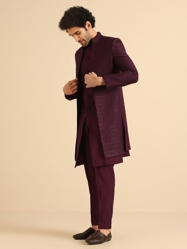 KISAH Men's Indo-Western Waistcoat Sherwani Trouser Set, Wine Blended, Embellished Regular Fit Mandarin Collar Long Sleeves (38) - Image 2