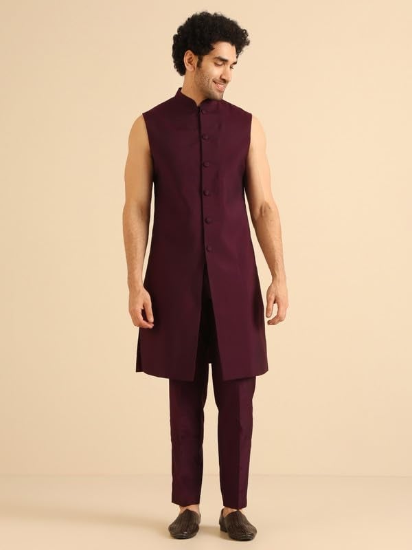 KISAH Men's Indo-Western Waistcoat Sherwani Trouser Set, Wine Blended, Embellished Regular Fit Mandarin Collar Long Sleeves (38) - Image 5