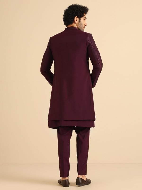 KISAH Men's Indo-Western Waistcoat Sherwani Trouser Set, Wine Blended, Embellished Regular Fit Mandarin Collar Long Sleeves (38) - Image 4