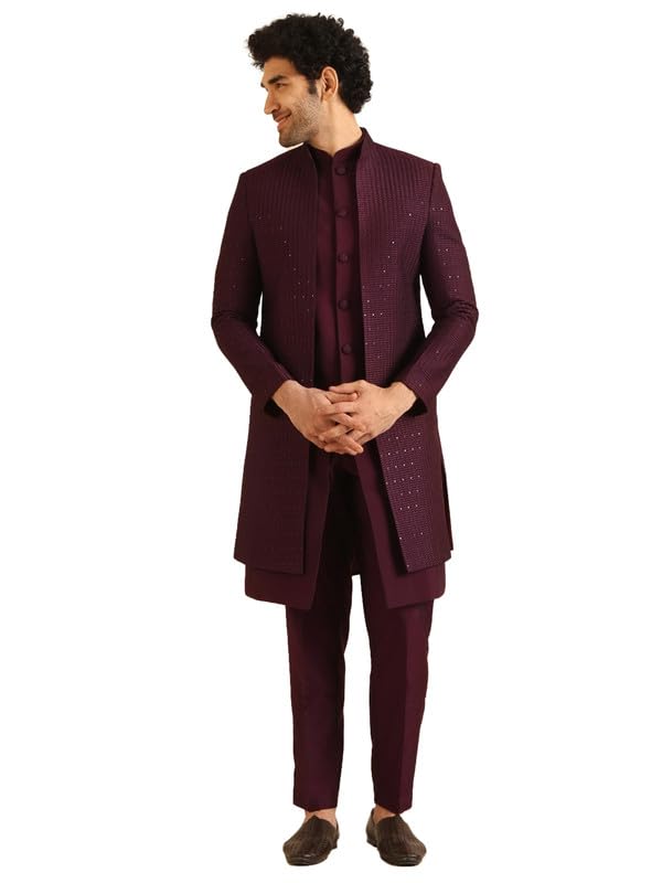 KISAH Men's Indo-Western Waistcoat Sherwani Trouser Set, Wine Blended, Embellished Regular Fit Mandarin Collar Long Sleeves (38) - Image 1
