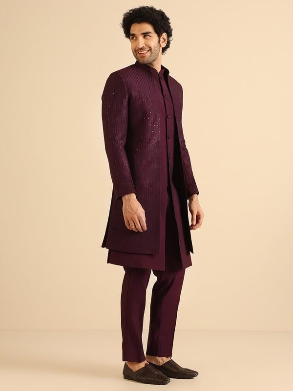 KISAH Men's Indo-Western Waistcoat Sherwani Trouser Set, Wine Blended, Embellished Regular Fit Mandarin Collar Long Sleeves (38) - Image 3