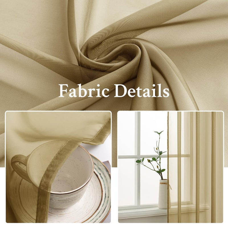Miulee Dark Gold Sheer Curtains 84 Inches Long 2 Panels  Light Filtering Voile Drapes With Rod Pocket For Bedroom And Living Room Windows - Image 3
