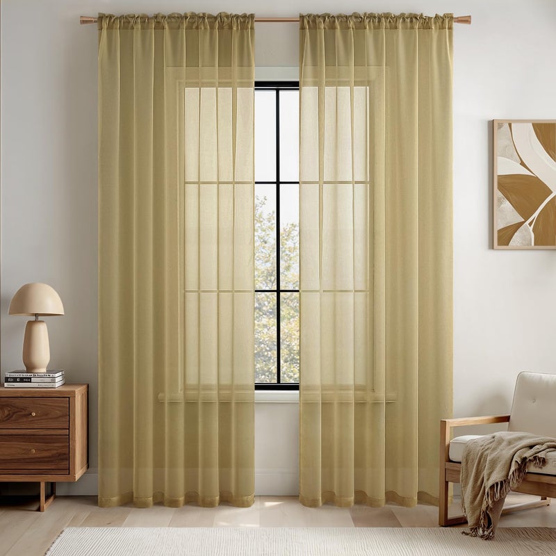 Miulee Dark Gold Sheer Curtains 84 Inches Long 2 Panels  Light Filtering Voile Drapes With Rod Pocket For Bedroom And Living Room Windows - Image 1