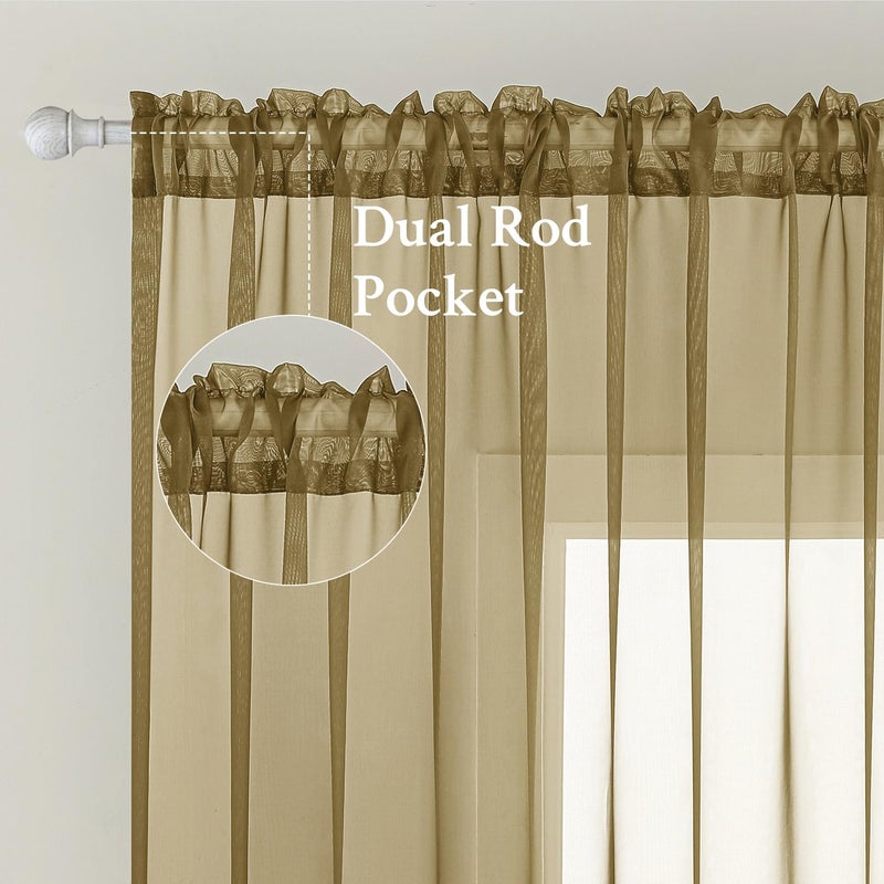 Miulee Dark Gold Sheer Curtains 84 Inches Long 2 Panels  Light Filtering Voile Drapes With Rod Pocket For Bedroom And Living Room Windows - Image 2