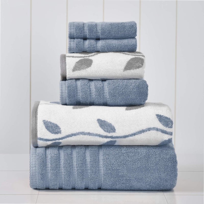 Modern Threads Modern Threads 6Piece Yarn Dyed Towel Set Organic Vines Blue  Bath Towels Hand Towels  Washcloths  Super Absorbent  Quick Dry  100 Combed Cotton 