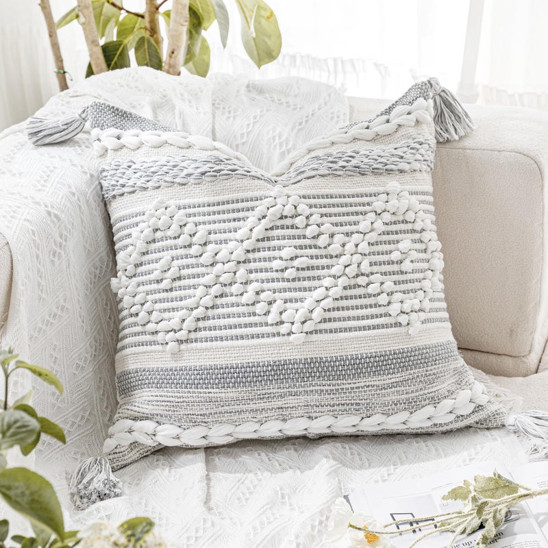 BlissBlush Gray Cream White Boho Throw Pillow Cover 20X20 Boho Woven Textured Pillow Cover Neutral Pillow Cover Sofa Couch Bed Farmhouse Lumbar Pillow Cover ONLY