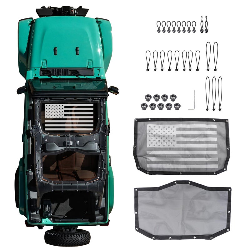 RERPRO Sunshade Compatible with 2024 2025 Jeep Wrangler JL 4 Door 4XE Hard Top Accessories Front Rear Sun Shade Soft Mesh Top Bimini Roof Bikini Cover Keep Airbag Function Front Rear Door US Flag