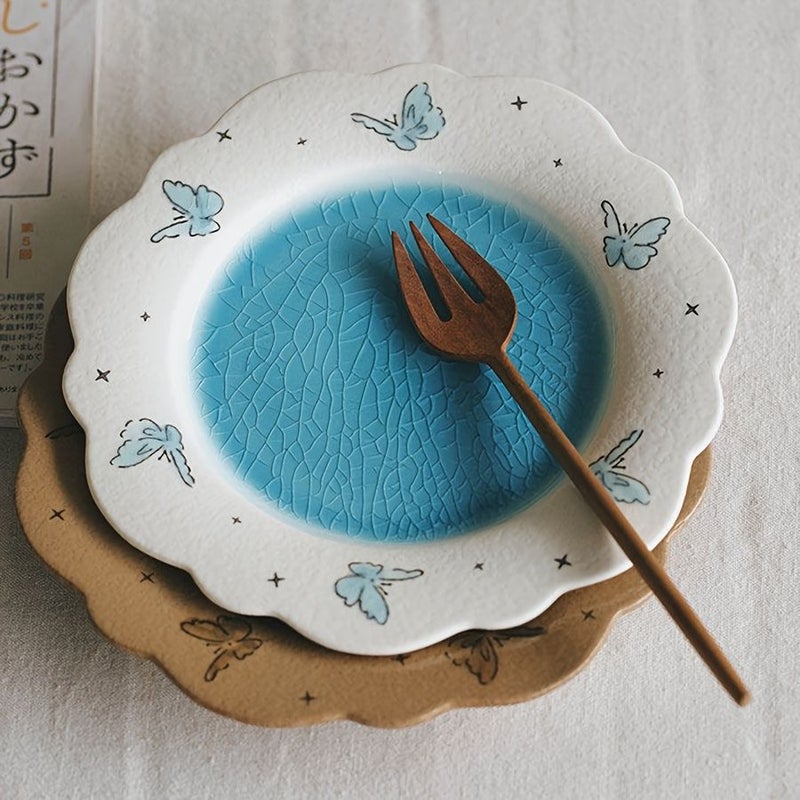 Hand Painted Butterfly Crackle Glaze Ceramic Plates Two Blue - Image 1
