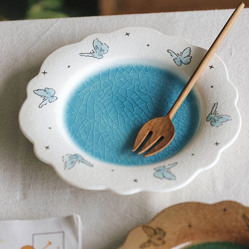 Hand Painted Butterfly Crackle Glaze Ceramic Plates Two Blue - Image 2