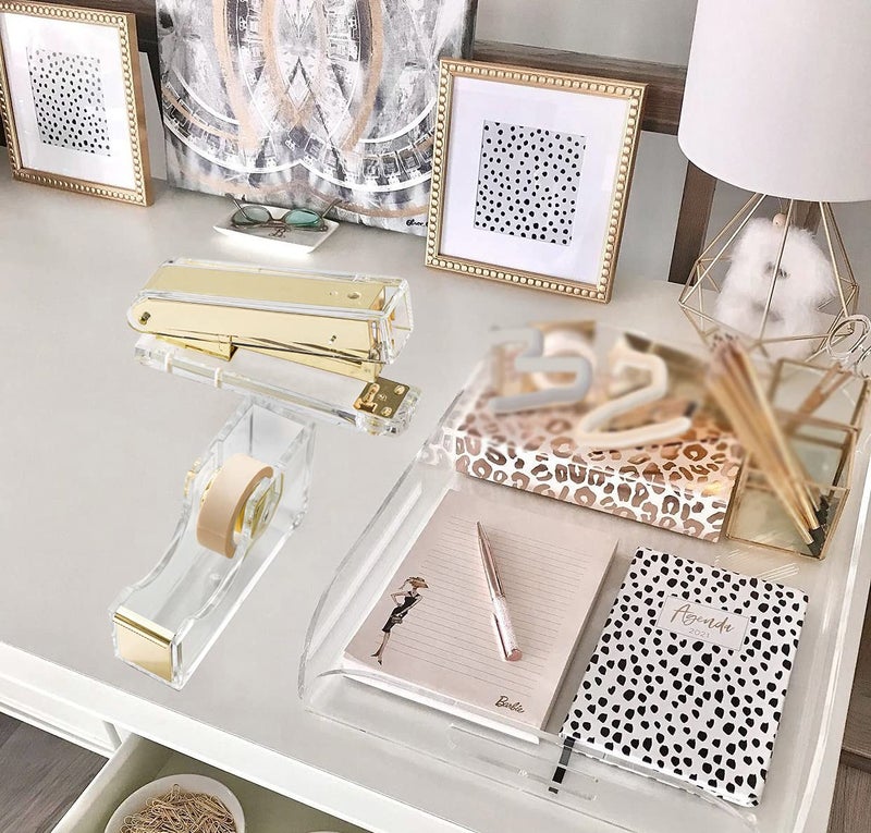 VOSTOR Acrylic Gold Tape Dispenser & Desktop Stapler, Includes Staple Remover, Tape, 1000pcs Staples - Cute Office Stapler Set for Modern Design Desk Accessory Kit - Image 2
