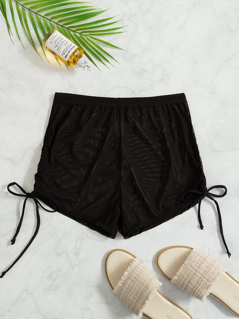 Falainetee Women's Drawstring Side Mesh Sheer Beach Summer Cover Up Shorts Bikini Bottoms Black L - Image 3