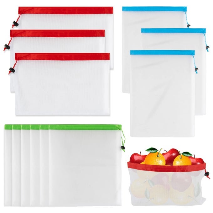 12PCS REUSABLE PRODUCE BAGS MESH PRODUCE BAGS DRAWSTRING REUSABLE WASHABLE VEGETABLE STORAGE BAGS REFRIGERATOR KEEP FRESH GROCERY FOOD FRUITS VEGGIE GREEN NET BAG TOY STORAGE ZERO WASTE SHOP