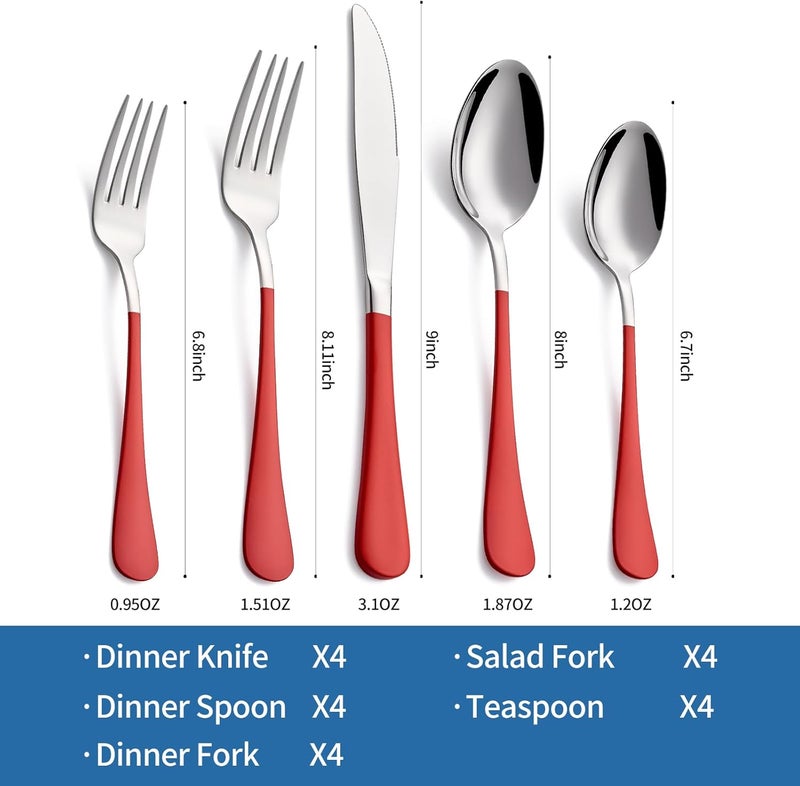 Moxinox 20-Piece Red Silverware Set, 18/0 Stainless Steel Red Handle Flatware Set, Service for 4, Modern Cutlery Set Includes Dinner Knives Forks Spoons, Mirror Polished, Dishwasher Safe - Image 2
