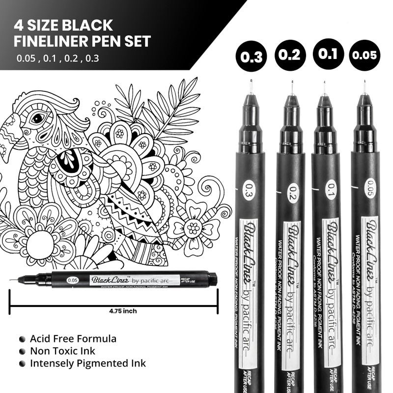 Pacific Arc أقلام فينلاينر سوداء من باكفيك آرك، مجموعة من 4 أقلام رسم دقيقة بأحجام مختلفة للفنانين، أقلام رسم، أقلام يوميات، أقلام خط يد، وأقلام خط عربي. - Image 5