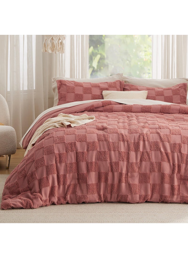 Bedsure Bedsure Twin/Twin XL Comforter Set Grayish Pink  Boho Tufted Bedding Comforter Set  Checkered Farmhouse Shabby Chic Bed Set  2 Pieces  1 Plaid Geometric Comforter and 1 Pillow Sham  - Image 1