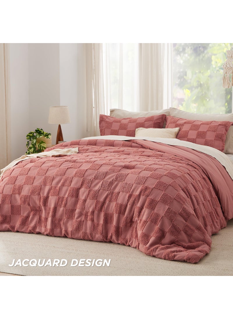 Bedsure Bedsure Twin/Twin XL Comforter Set Grayish Pink  Boho Tufted Bedding Comforter Set  Checkered Farmhouse Shabby Chic Bed Set  2 Pieces  1 Plaid Geometric Comforter and 1 Pillow Sham  - Image 2