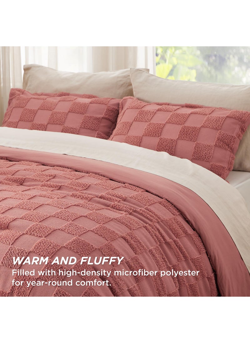 Bedsure Bedsure Twin/Twin XL Comforter Set Grayish Pink  Boho Tufted Bedding Comforter Set  Checkered Farmhouse Shabby Chic Bed Set  2 Pieces  1 Plaid Geometric Comforter and 1 Pillow Sham  - Image 3