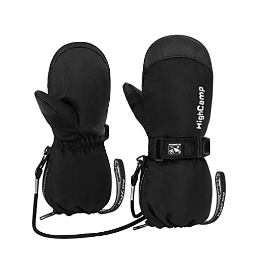 HIGHCAMP Kids Waterproof Snow Ski Gloves wZipper String on Long Cuff Cold Weather Mitten for Toddler Youth Boys GirlsBlackXS 24Y - Image 1