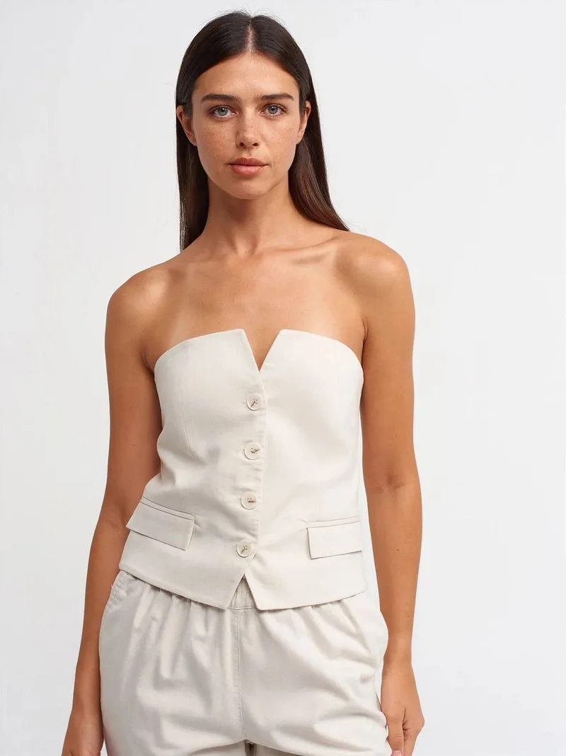 ديلفين Dilvin Fitted Strapless Crop Blouse With Buttons