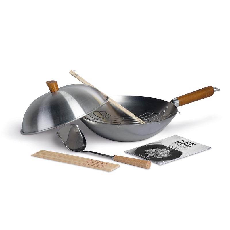 Ken Hom Carbon Steel Wok Set 31cm Classic NonInductionNatural Patina NonStickWooden Handle Includes Wok Pan with Lid Wok Utensils  Recipe Book
