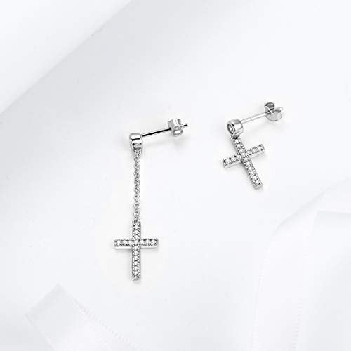 Aurora Tears Mens Small Earrings Dangle,925 Sterling Silver Asymmetry Minimalist Drop Cross Earring Tiny Women/Men Silver Up-Side-Down Earrings Jewelry for Christmas Gift Birthday Gift - Image 5