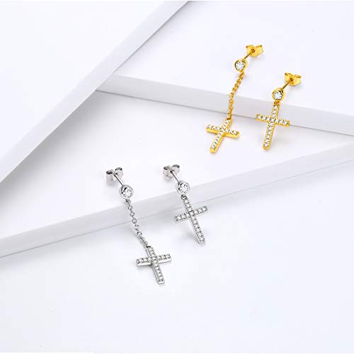 Aurora Tears Mens Small Earrings Dangle,925 Sterling Silver Asymmetry Minimalist Drop Cross Earring Tiny Women/Men Silver Up-Side-Down Earrings Jewelry for Christmas Gift Birthday Gift - Image 2