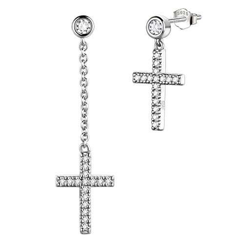 Aurora Tears Mens Small Earrings Dangle,925 Sterling Silver Asymmetry Minimalist Drop Cross Earring Tiny Women/Men Silver Up-Side-Down Earrings Jewelry for Christmas Gift Birthday Gift - Image 1